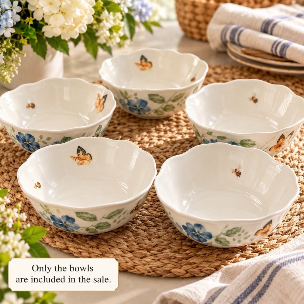 Lenox Butterfly Meadow Scalloped Bowls Set of 5 Porcelain Butterflies Flowers